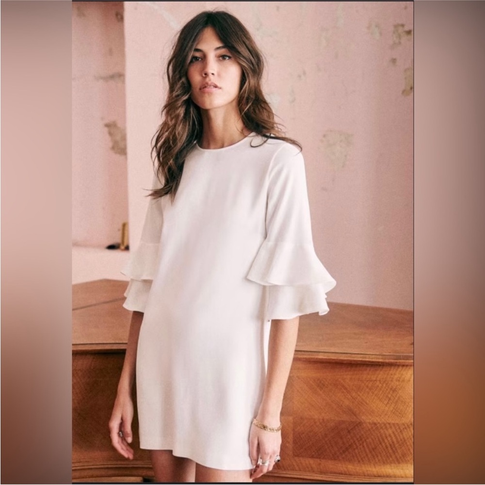 Sezane Janie Ruffle Bell Sleeve Crepe Mini Dress Cream Ivory Size FR 34 USSize 2